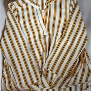 Notations medium womens v neck hi low blouse striped orange black crème NWT